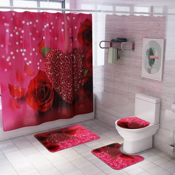 

New Beautifully Valentine's Day Printing Shower Curtain Base Mat Carpet Bathroom Toilet Mat Combination Set