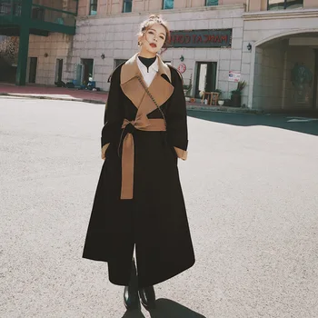 

SuperAen 2020 Long Autumn and Winter Black Solid Turn Down Collar Strap Waist Fashion Woolen Trench Coat for Women