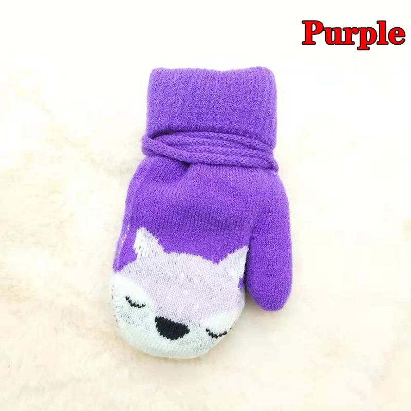 Purple Детские зимние штаны перчатки трикотажные хлопковые носки для мальчиков и девочек Утепленная одежда веревка полный палец с завязками на шее детское перчатки - Цвет: Purple