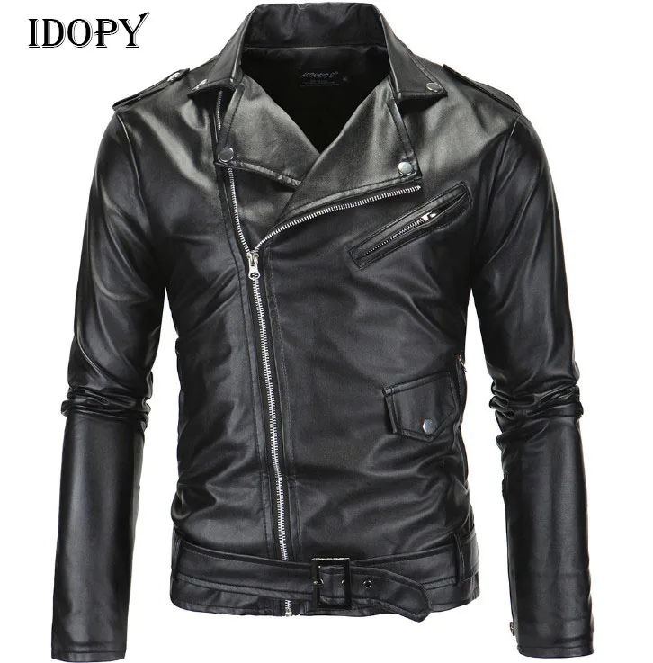

Idopy Fashion Motorcycle Faux Leather Jacket Men Slim Fit Biker Zipper PU Jacket Autumn Men PU Leather Jackets Coats