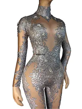 

Dj car model Sparkly Crystals Nude Jumpsuit Stretch Stones Outfit Celebrate Bright Rhinestones Bodysuit Costume Female Singer