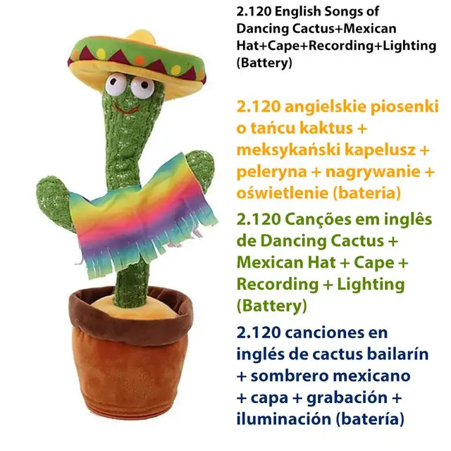 USB Charging Dancing Cactus Music Box Electronic Singing Plush Toy Cartoon Potted Holiday Decoration Gift Ornament For Home Model 2