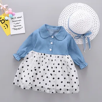 

Autumn New Fashion Toddler Baby Girls Dresse Long Sleeve Dot Print Denim Splice Tulle Dress Infant Dresses Girls Clothes+Hat Set
