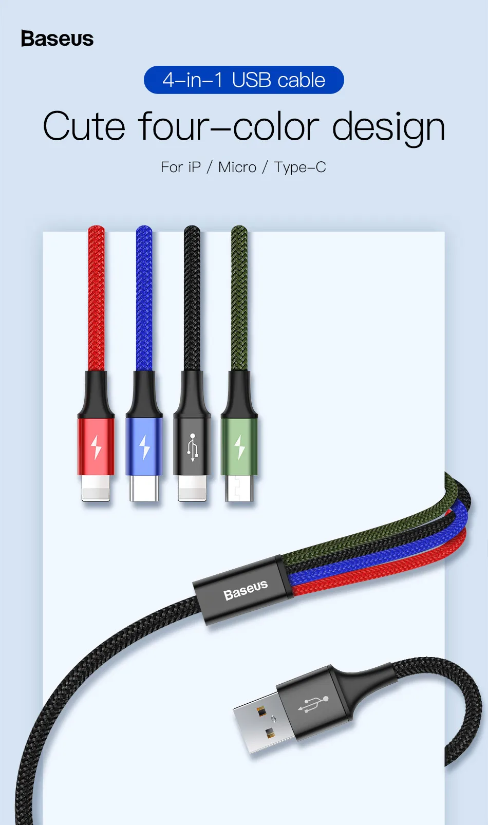 Baseus 3 в 1 USB кабель для iPhone samsung Xiaomi мульти Быстрая зарядка зарядное устройство usb type C type-c Micro USB кабель для мобильного телефона