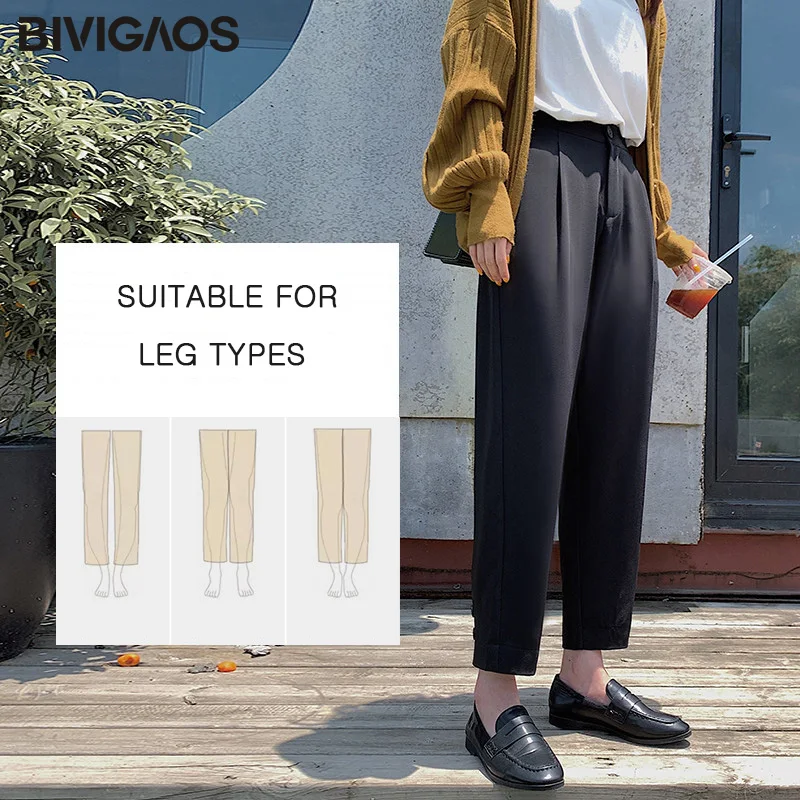 BIVIGAOS Мода и досуг офис леди черный костюм высокой талией на пуговицах брюки женские брюки с широкими штанинами прямые свободные укороченные брюки повседневные штаны-шаровары