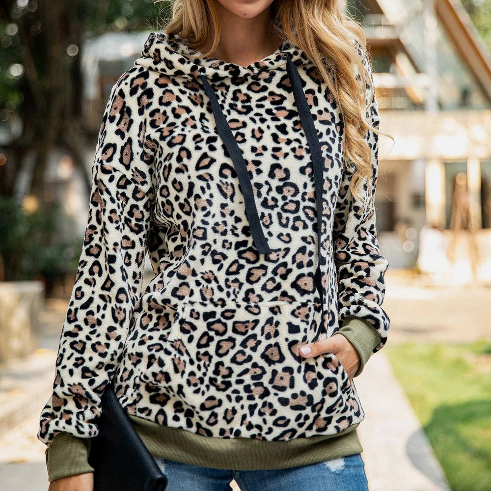

Fleece Sweatshirts For Women Autumn Winter Tie Collar Long Sleeve Pocket Pullovers Coat Leopard Printed Hoodies Outwear