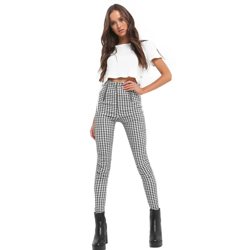 

2019 Gray White Plaid Pants Sweatpants Women Side Striped Trousers Casual Cotton Comfortable Elastic Pants
