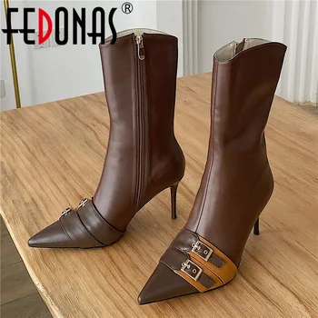 

FEDONAS Autumn Fashion Genuine Leather Women Winter Boots Square Toe High Heels Chelsea Boots Basic Night Club Shoes Woman