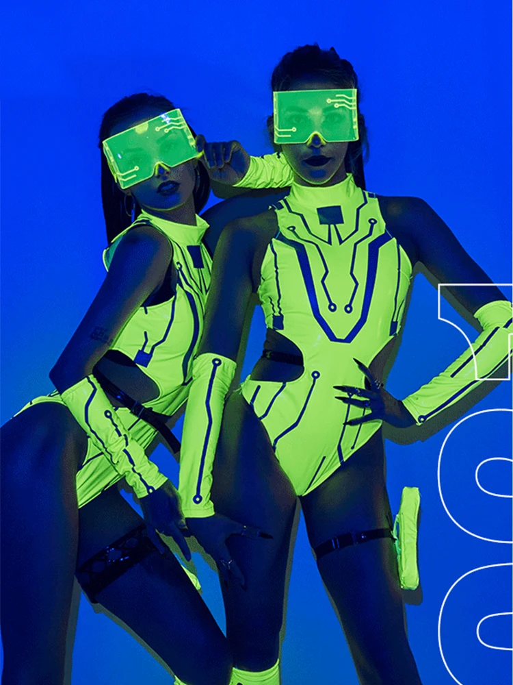 Fluorescence Green Patent Leather Dancer Bodysuit Nigtclub Pole Dance Clothing Bar Gogo Dancign Performance Jumpsuit VDB3699