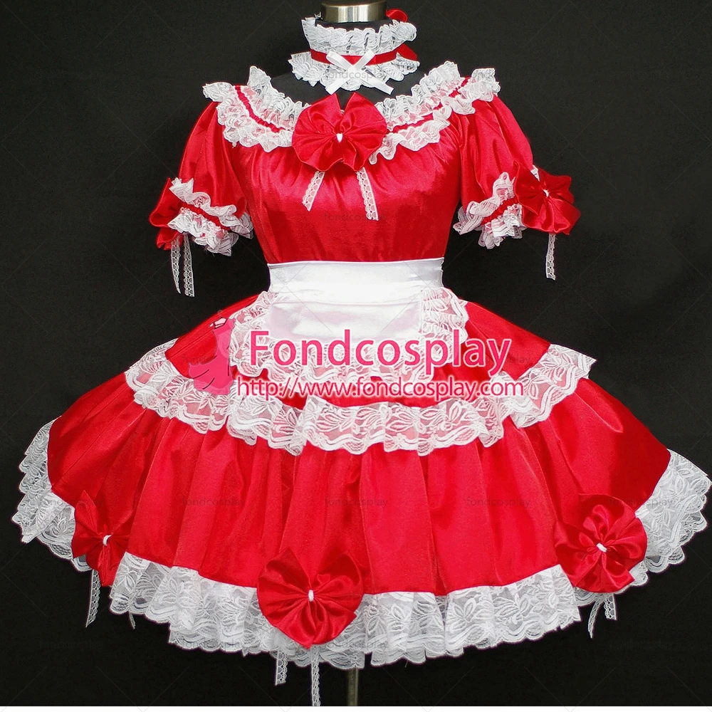 fondcosplay adult sexy cross dressing sissy maid short Satin Red Dress Lockable Uniform white apron Costume Tailor-made[G296] |