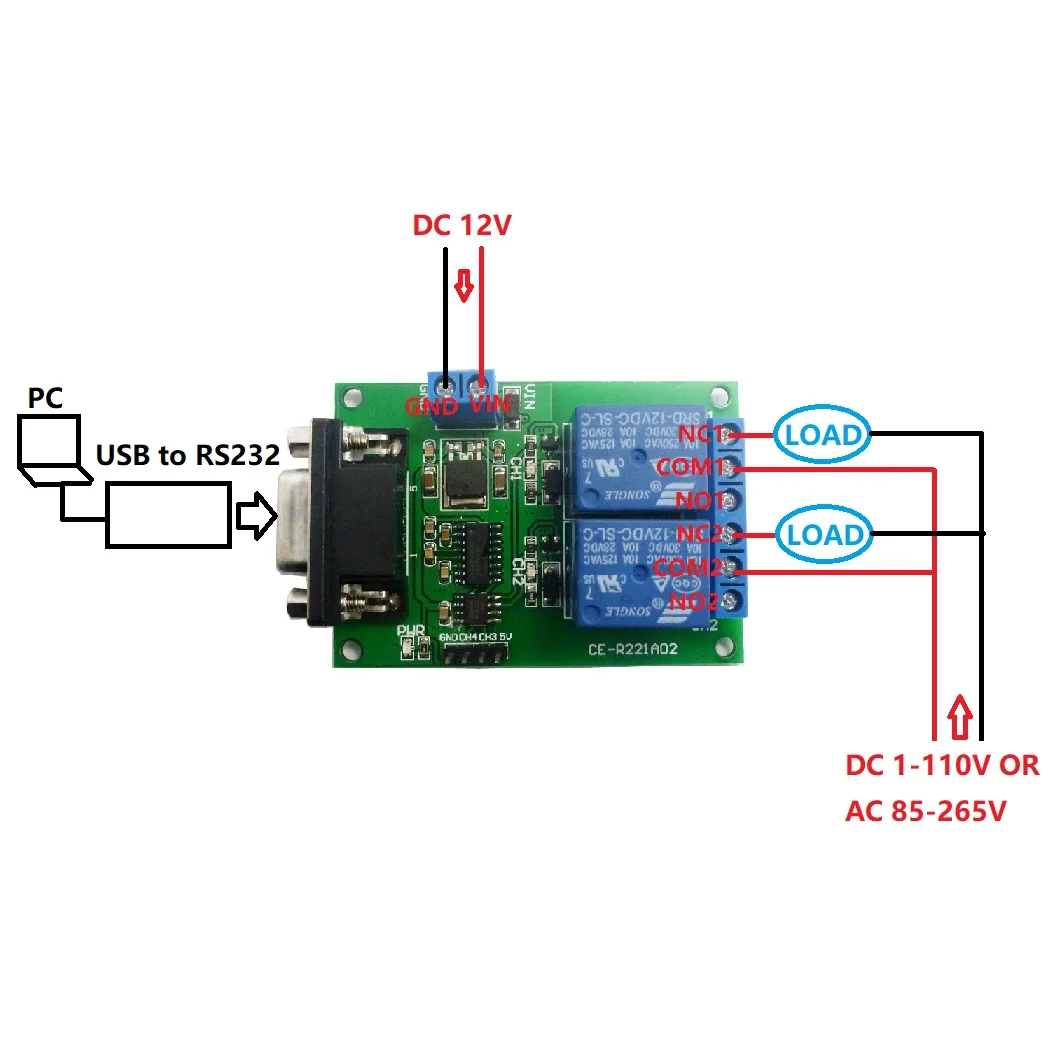 

DC 12V 2 Channel DB9 Female/Male RS232 UART Remote Control Switch Board Serial port Relay Module