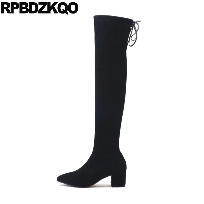 suede slim thigh women boots high heel long chunky black shoes lace up ladies winter pointed toe over the knee tall thick