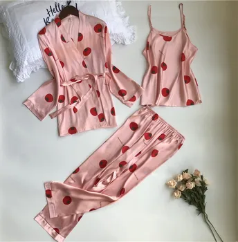 

Korean Pajamas Women Lovely Long Sleeve 3PCS Ice Silk Robe Lounge Intimate Lingerie Slip Nightdress Casual Home Clothing Халат