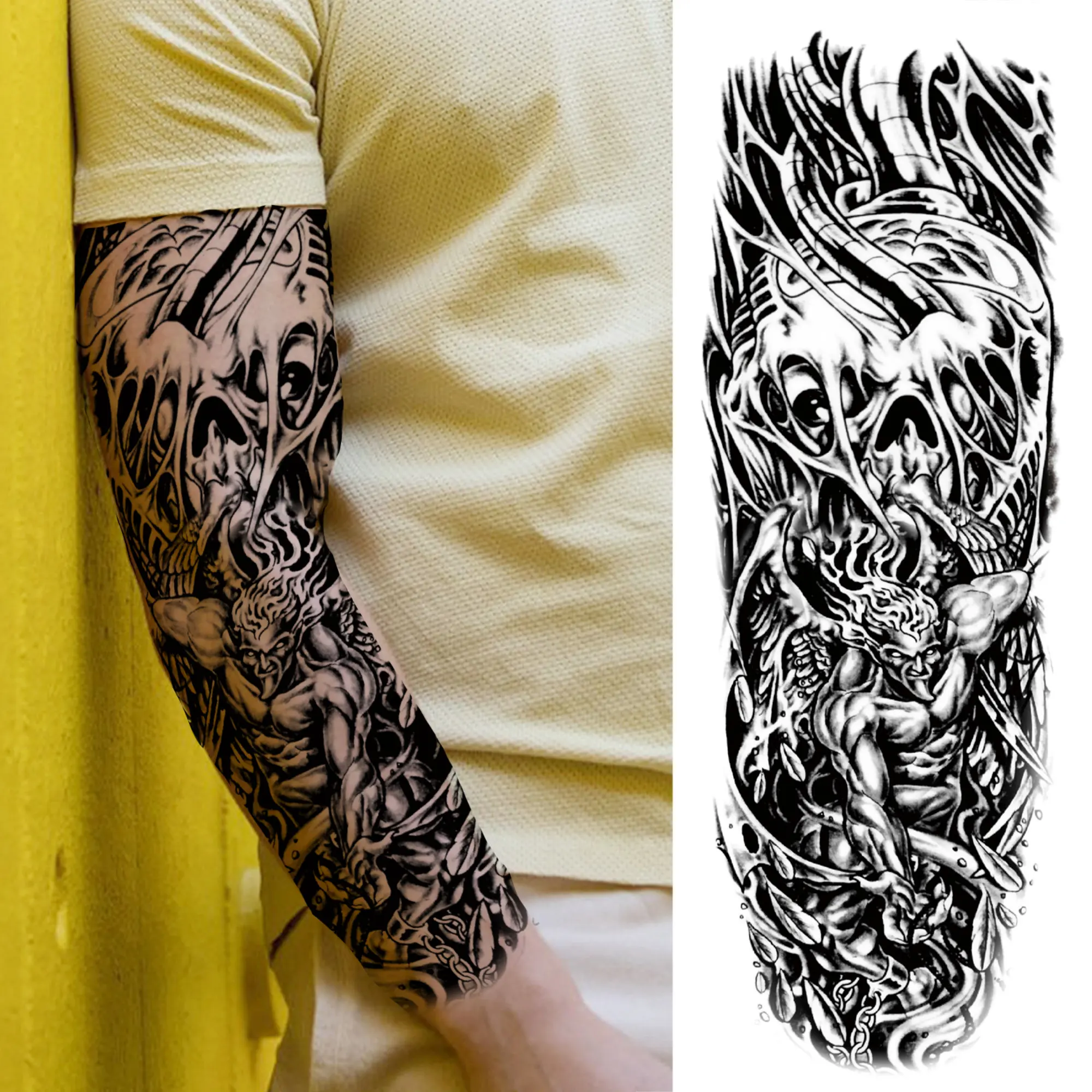 Compass Robot Arm Temporary Tattoos Sleeve For Men Women Realistic Fake Skull Angel Full Arm Tatoos Maori Totem Tattoo Sticker 6