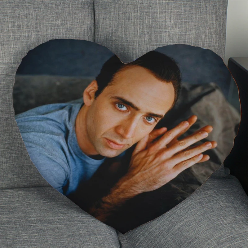 

Nicolas Cage Pillow Cover Home Office Wedding Decorative Pillowcase Heart Shaped Zipper Pillow Cases Satin Fabric Best Gift