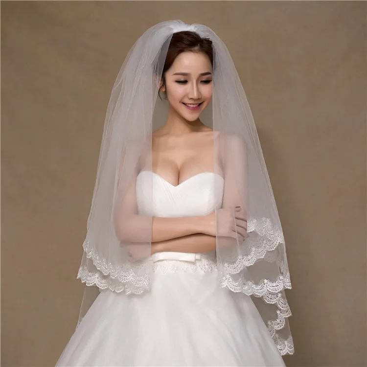 Kyunovia 2 Tier Bridal Veil Beautiful Ivory Cathedral Short Wedding Veils Lace Edge With Comb Bride Veils