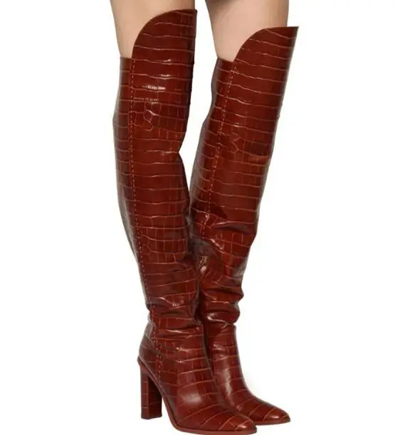 

Moraima Snc Fashion Crocodile Pattern Leather Woman Boots Runway Pointed Toe Thick Heels Knee High Boots Woman Long Boots