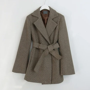 

New 2019 Fashion Women Spring Autumn Vintage Elegant Wool Blend Coat Female Herringbone Pattern Slim Woolen Coats With Belt A840