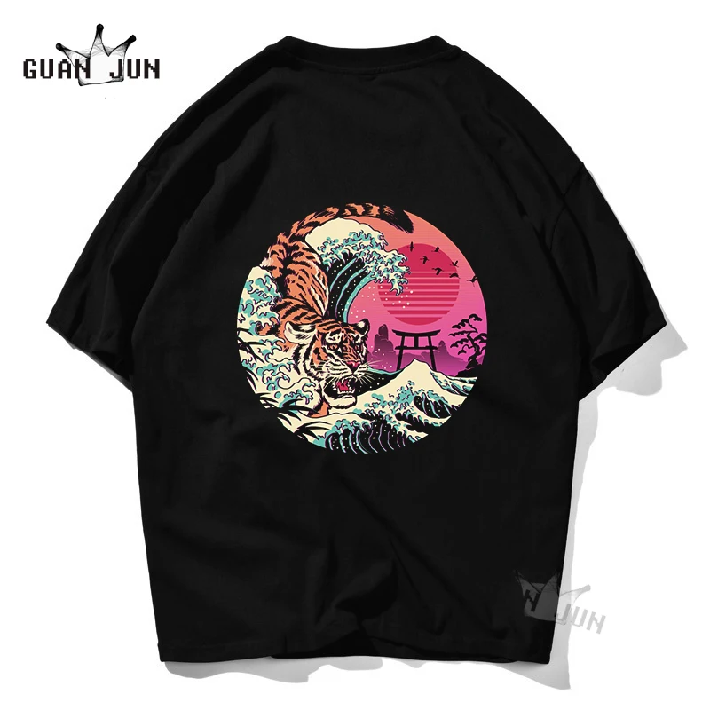 Vintage T-Shirt Retro Anime Rad Tiger Wave Men Cotton Black Short Sleeve Tshirt Casual Tees Tops Harajuku Streetwear | Мужская одежда