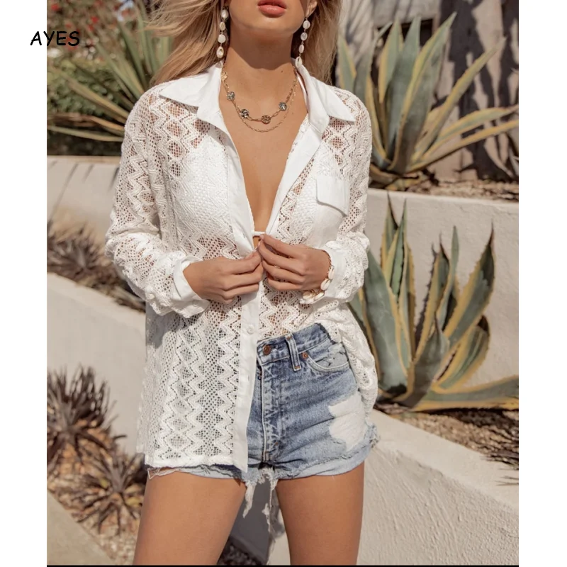 Women White Blouse Shirts Sexy Hollow Out Shirts Long Sleeve High Street Clubwear Blouses Chic Long Sleeve Transparent Shirt OL