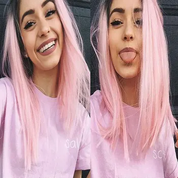 

Straight Short Hair Lace Front Synthetic Wigs For Women Heat Resistant Ombre Baby Pink Soft Hair Glueless Cosplay Party Wigs