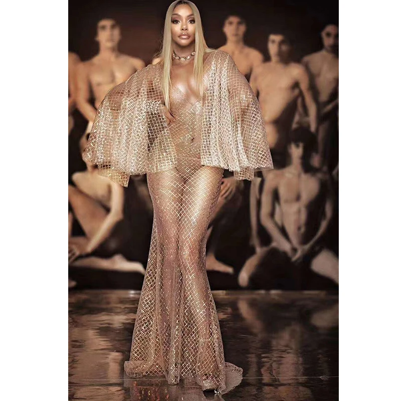 Новинка, сексуальное блестящее разноцветное платье с блестками, одежда для сцены, для ночного клуба, певицы, вечернее платье с длинными рукавами для выступлений