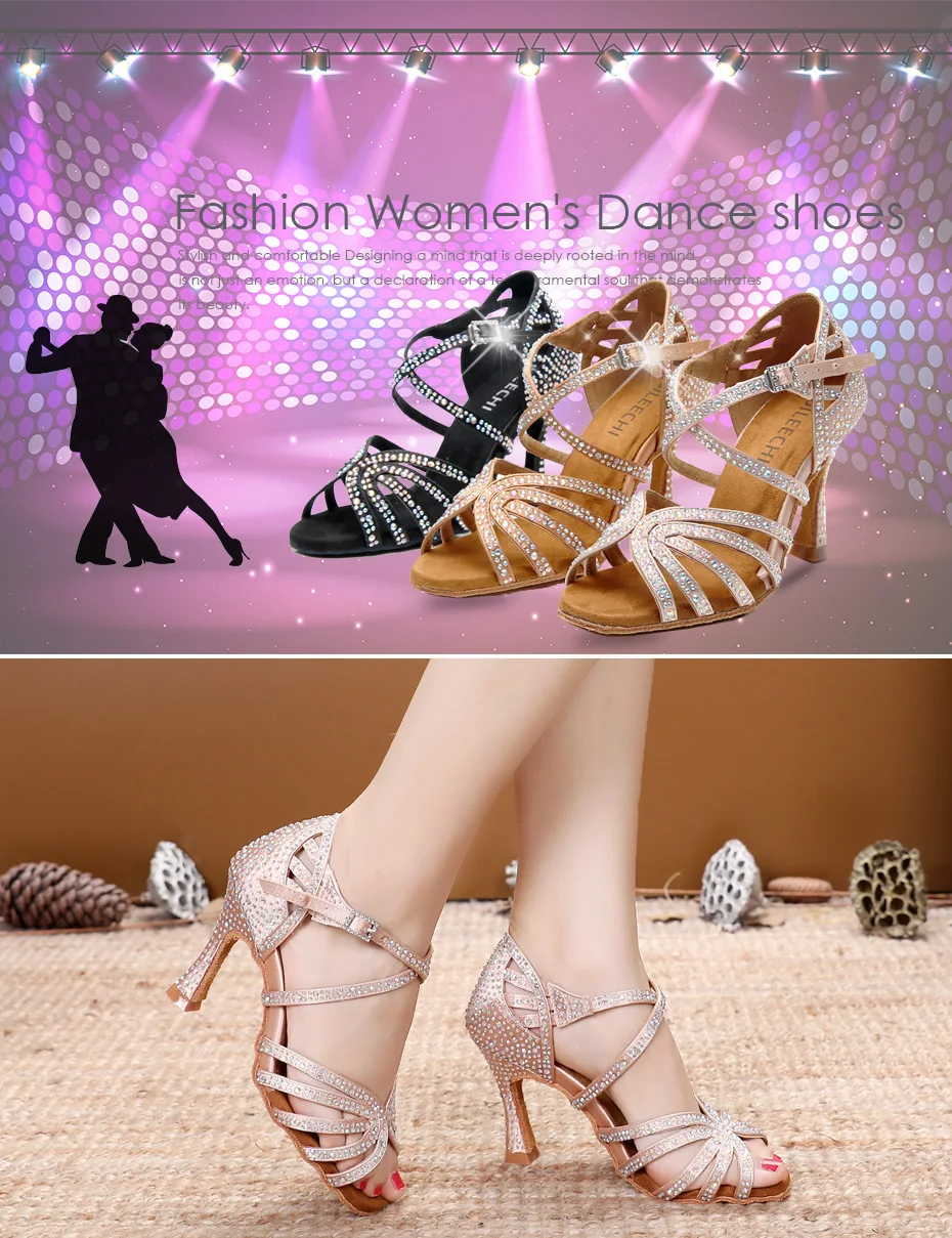 DILEECHI Latin dance shoes women's Ballroom dancing shoes Bronze satin Shining Rhinestone Cuban high heel 9cm Salsa Beige Black