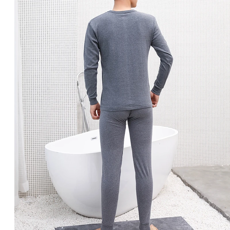 80% OFF Casual Man Underwear Middle Collar Medium Pure Color Suit Shirt + Pants 2 Piece Set Warm Thick Plus Velvet Clothes SuitPlease