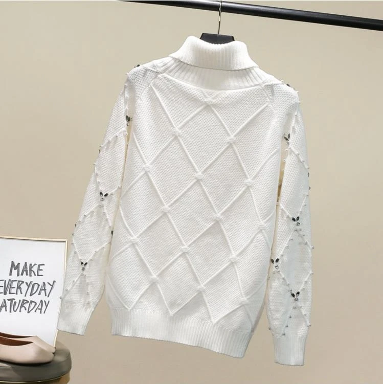 Diamonds beading turtleneck white sweater women