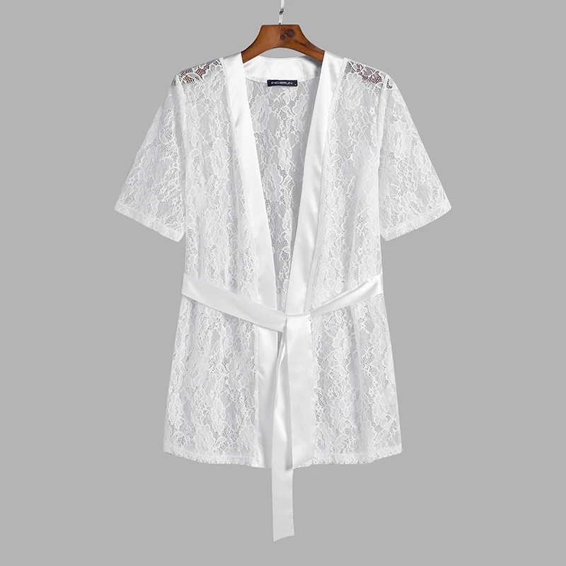 white pajama pants Men Mesh Robes See Through Short Sleeve Lace Homewear Sexy Bathrobes With Belt 2022 Cozy Leisure Men Nightgown S-5XL INCERUN plaid pajama pants Men's Sleep & Lounge