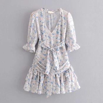 

Ruffles Women Dress V Neck Puff Sleeve High Waist Lace Girls 2020 Spring Summer Layer Princess Dresses