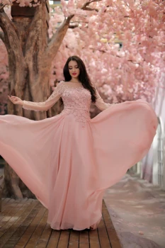 

Pink Formal Evening Dresses Long High Quality Chiffon Beading Long Sleeves Prom Party Gowns Plus Size