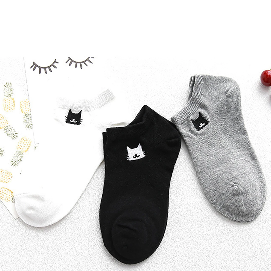 Embroidered Cat Boat Socks Spring Summer Warm Comfortable Breathable Wild Cotton Skin-friendly Women Socks