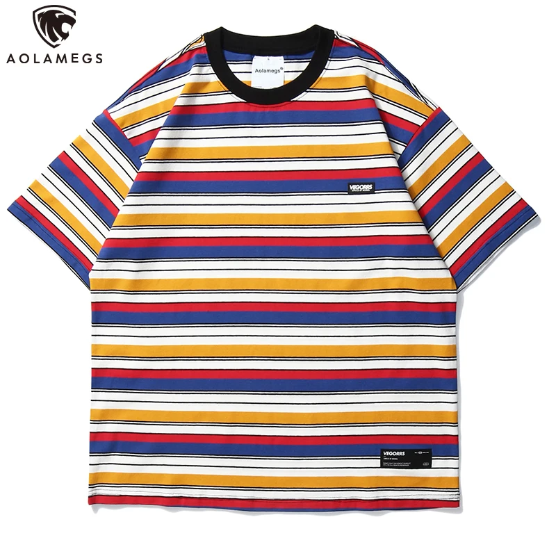 

Aolamegs T Shirt Men Hip Hop Hit Color Striped Print Tops Tees Casual t-shirt Loose Harajuku Short Sleeve High Streetwear Summer