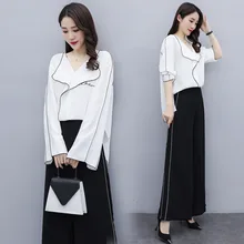 2020 New Elegant Spring Fall Women Suits 2 Pcs Set Long Sleeve Chiffon Blouse Shirt Loose Wide Leg Pants Office Ladies Pantsuits