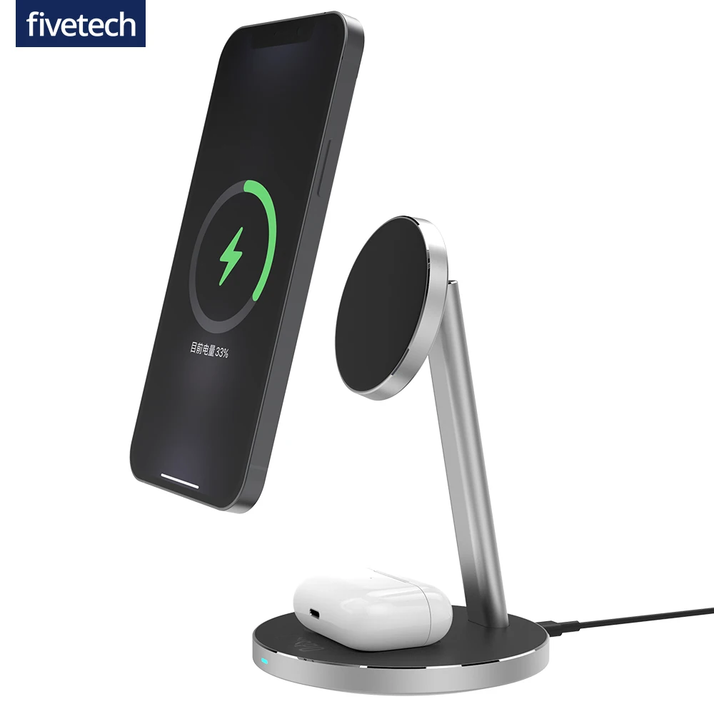 Fivetech 15W Fast Magnetic Wireless Charger For iPhone 12 Pro Max 12 Mini Airpods Pro 2 in1 Luxury Metal Charging Stand Bracket