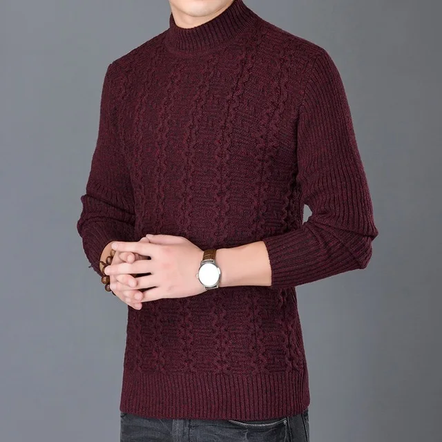 Осенний свитер с воротником-стойкой для мужчин модные тонкие теплые свитера мужские повседневные эластичные однотонные дизайнерские свитера - Цвет: Синий