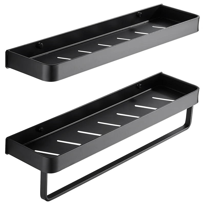 Bathroom Black Shelf with Towel Bar Space Aluminum Corner Shelves Towel