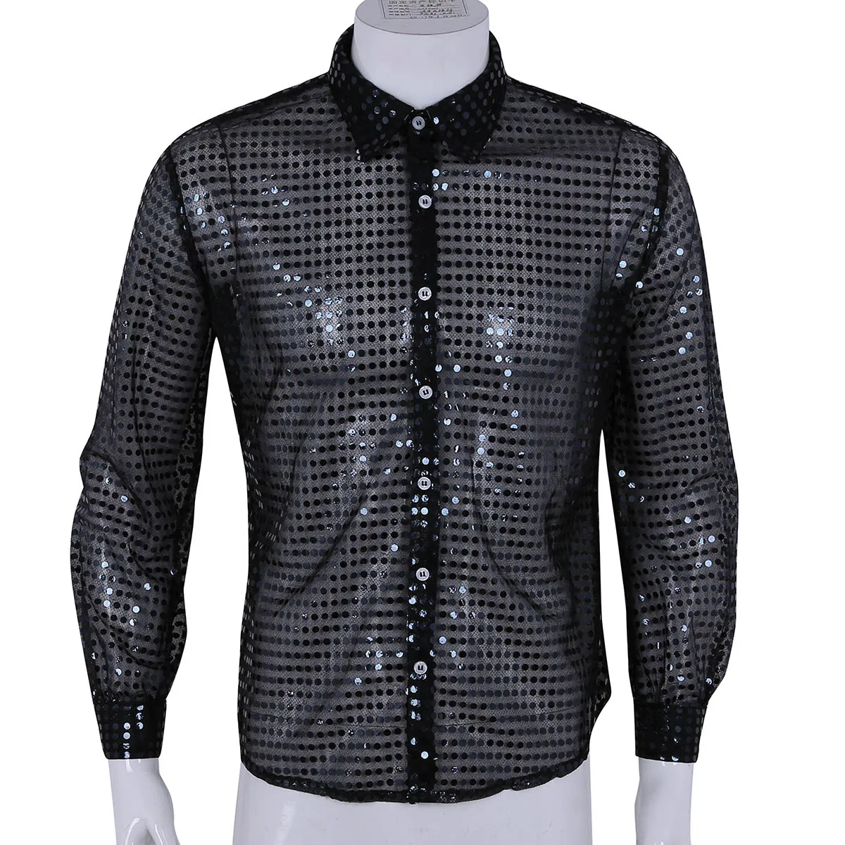 Hommes Men See Through Sequins Latin Dance Shirt Long Sleeve Ballroom Tango Rumba Top Mens Shirts Tops Performance Costume