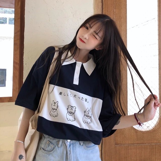 2020 Women's T-shirts Tops Japanese Kawaii Ulzzang Lazy College Cat Print Loose T-shirt Female Korean Harajuku Clothes For Women 3