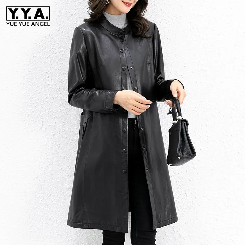 

OL Style Genuine Leather Jackets Women Autumn Winter New Luxury Trench Coat Slim Elegant Single Breasted Medium Long Outwear