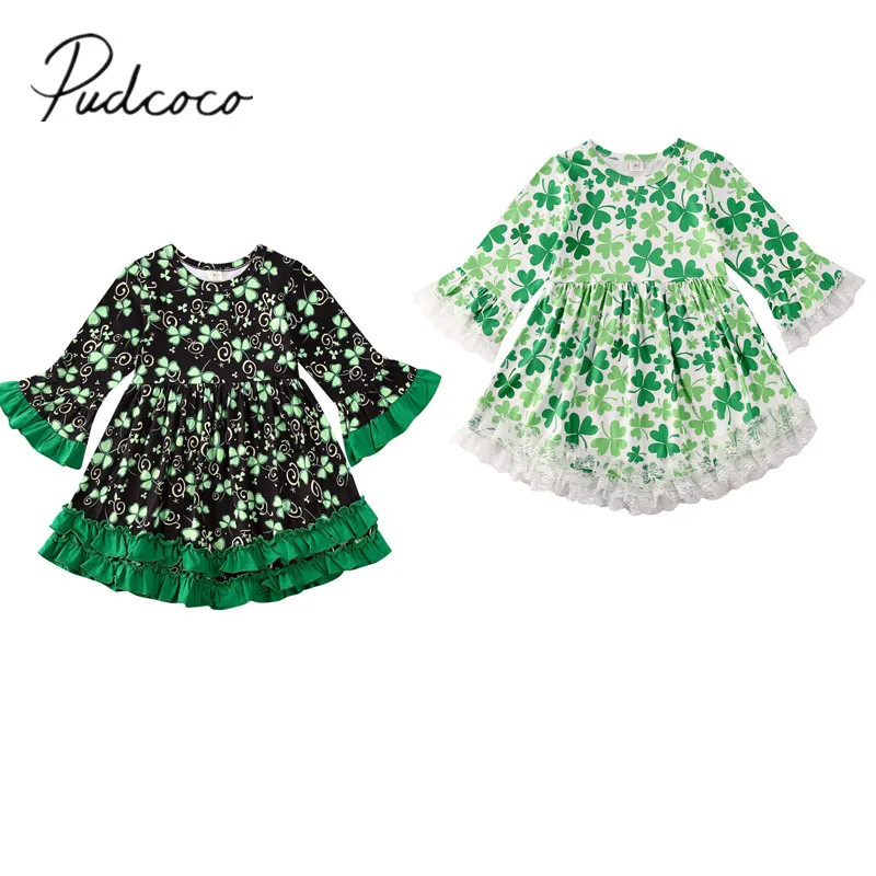2020 Baby Spring Autumn Clothing Toddler Infant Girls Lucky Clover Print Dress Long Sleeve Lace Patchwork Party Gown 6M-5T | Детская