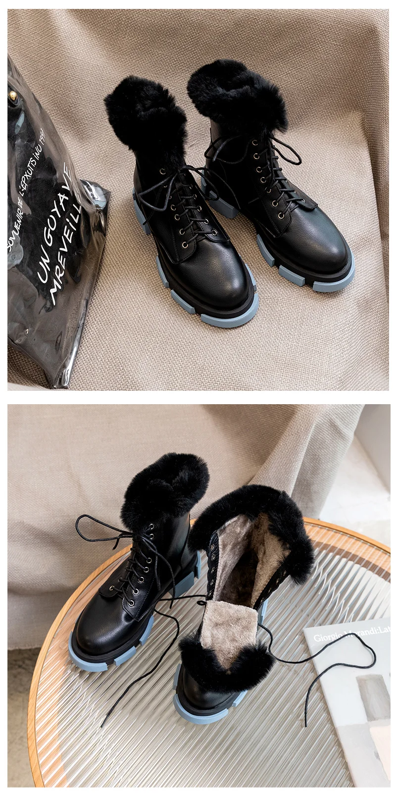 Новинка; дизайнерские женские теплые зимние ботильоны с кроличьим мехом и плюшевой подкладкой; черные ботиночки на раздельном каблуке; женская уличная обувь; большие размеры