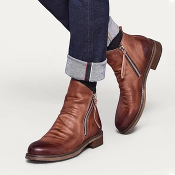 

Men Basic Boots PU Leather Vintage Fashion Mens Shoes Zip Winter Autumn Ankle Boots Military Motocycle Big Size Boots For Men