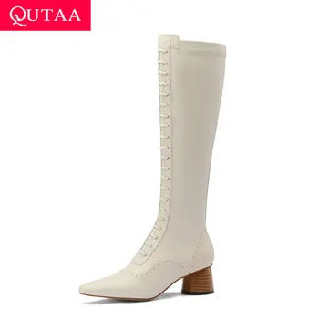 

QUTAA 2021 Autumn Winter Pointed Toe Zipper Knee High Boots Cow Leather PU Square High Heel Fashion Women Long Shoes Size 34-39