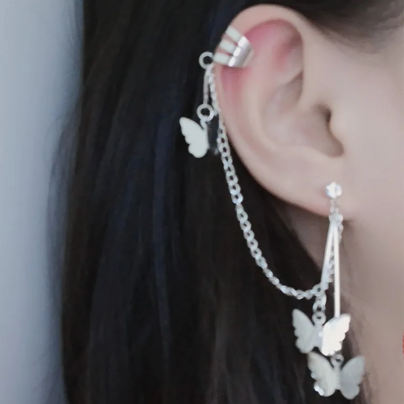 Korean Handmade Butterfly Net Red Tassel Crystal Ear Pin Chain Double Temperament Earrings Ear Bone Nail Ear Clip Hot Sale - Image 2