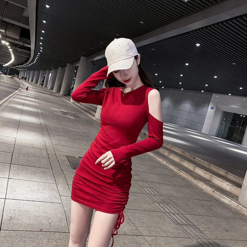 

Sexy Winter Autumn Dress Elegant Early Spring 2021 New Women's Dress Waist Open Shoulder Light Luxury Niche Fried Street Skirt