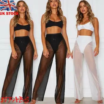 

Women Summer Holiday Beach Mesh Crochet Sheer High Waist Long Wide Leg Pants Bikini Cover Up Swimwear Bathing Loose Trousers New