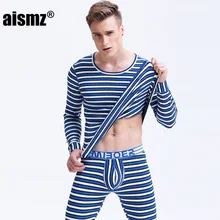 Aismz Winter Mens Warm Thermal Underwear Mens Thermo Sexy Fashion Striped Thermal Underwear Sets Cotton Long Johns for Man