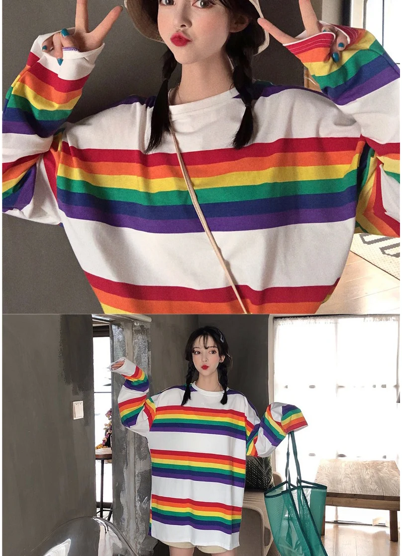 Женская футболка SAutumn Топы в Корейском стиле Ulzzang Harajuku Радужная полосатая футболка для женщин футболка с длинными рукавами женская повседневная одежда